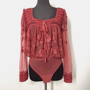 Free People Sheer Meadows Bodysuit Women S Red Long Sleeve Square Neck Floral
